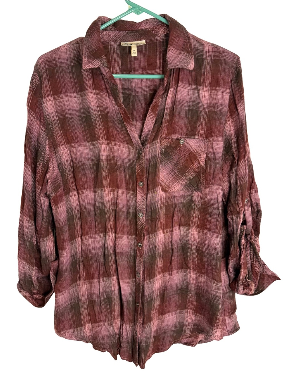 Hester & Orchard Purple Plaid 3/4 Sleeve Button Down Shirt Size Medium